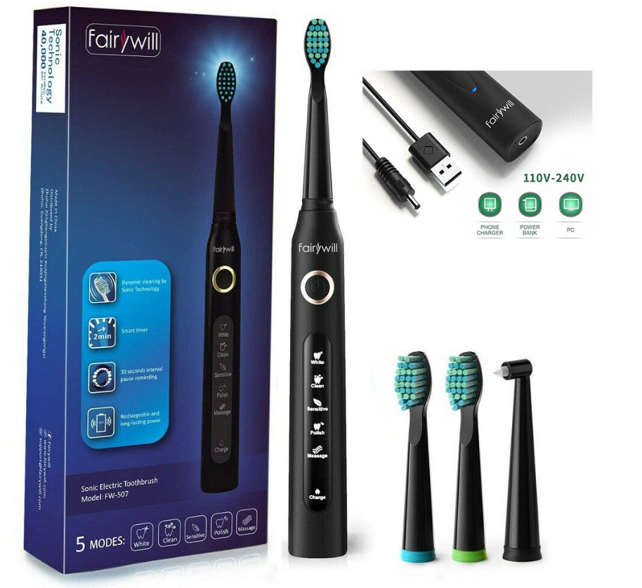 Sonic Electric Toothbrush Rechargeable 4x Brush Heads 507 Black Precise Cleaning