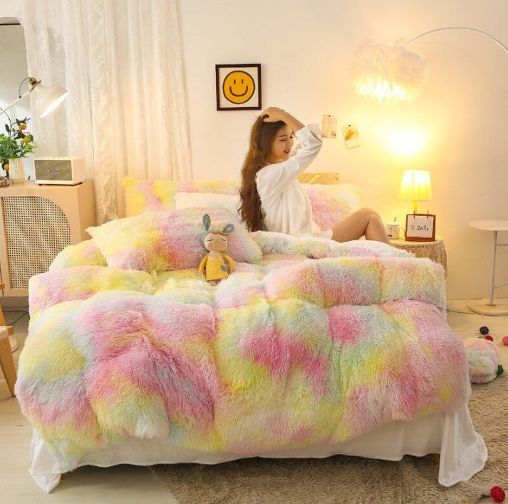 Duvet Cover Set Artificial Long Mink Hair Warm Bedding Set Heart Cushion Pillowc